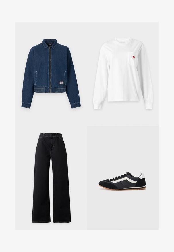 Veste en denim bleu foncé avec fermeture éclair à l'avant, deux poches latérales, ourlet cousu, et un petit patch soleil près de la poche inférieure droite.; T-shirt blanc à manches longues avec col rond et poche poitrine, présentant un petit logo rouge en forme de cœur sur le côté droit.; Jean noir taille haute à jambes larges avec fermeture devant par bouton et zip, surpiqûres blanches visibles le long des coutures et des poches.; Chaussure de sport noire avec tige en suède et textile, accents blancs, six œillets et semelle en caoutchouc. Forme élégante avec un profil bas.