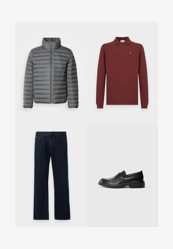Doudoune grise avec un col haut et des coutures horizontales. Comprend une fermeture éclair sur le devant et un petit logo sur la poitrine gauche. Texture lisse.; Polo-shirt à manches longues bordeaux en coton, arborant un col classique, une patte de boutonnage à trois boutons et un petit logo brodé sur la poitrine.; Jean droit bleu foncé avec fermeture à bouton et zip à l'avant, poches avant, et passants pour ceinture.; Chaussure habillée noire en cuir, à enfiler, avec un petit talon et un logo Calvin Klein discret sur le côté, présentée de profil sur un fond blanc.