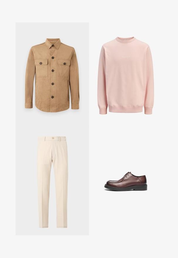 Beige jakke lavet af blødt stof, med knaplukning foran, to klaplommer med knapper og lange ærmer med knapmanchetter.; Lys pink sweatshirt med rund hals og lange ærmer, med lille hvid kursiv tekst centreret på brystet, ribstrikkede manchetter og linning.; Beige skræddersyede bukser med knaplukning, bæltestropper og forreste presninger, vist på en ensartet lys baggrund.; Brune læderdressko med rund tå, synlige stichinger og en lav sort gummisål; snøre-design. Glat tekstur over hele skoen.