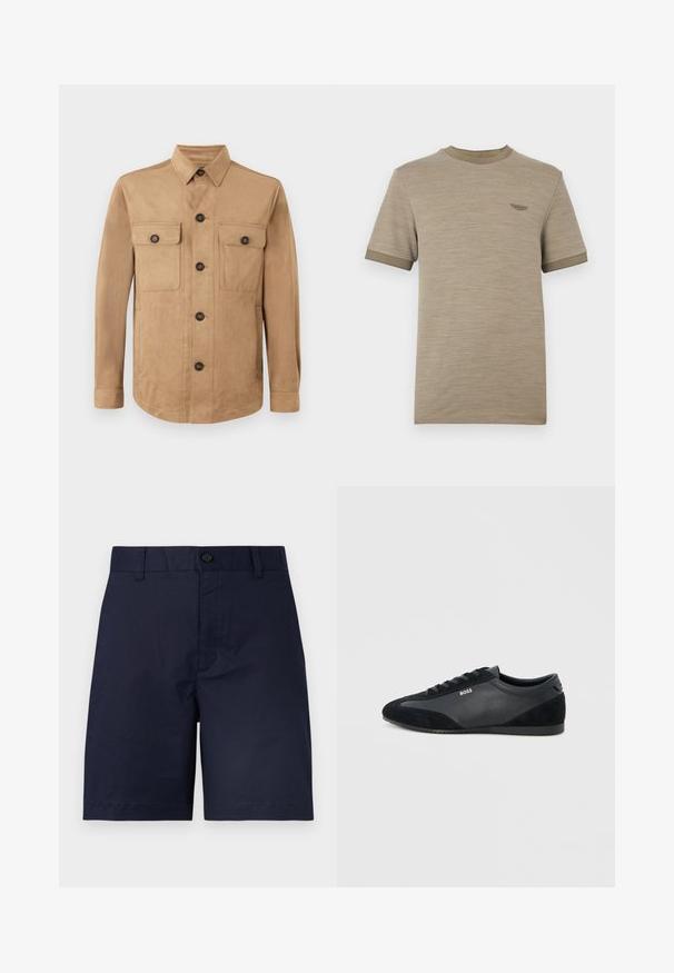 Beige jakke lavet af blødt stof, med knaplukning foran, to klaplommer med knapper og lange ærmer med knapmanchetter.; Beige kortærmet t-shirt lavet af struktureret stof. Ribstrikket krave og ærmekanter i en mørkere nuance. Lille logodetalje på brystet.; Marineblå knælange shorts med knaplukning, bæltestropper og et glat frontdesign mod en ensfarvet lys baggrund.; Sort lavtop snøresneaker med læder- og ruskindspaneler, flad sål og BOSS-logo på siden.