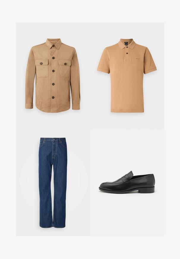 Beige jakke lavet af blødt stof, med knaplukning foran, to klaplommer med knapper og lange ærmer med knapmanchetter.; Tan kortærmet polo lavet af tekstureret stof, med en tre-knaps lukning, en spids krave og et diskret logo på brystet.; Blå denim jeans med lige ben, der har en knaplukning, fem lommer og kontraststikninger langs sømmene.; Sorte læder loafers med rund tå og subtile syninger. Glat tekstur og lav hæl med branding på bagsiden.