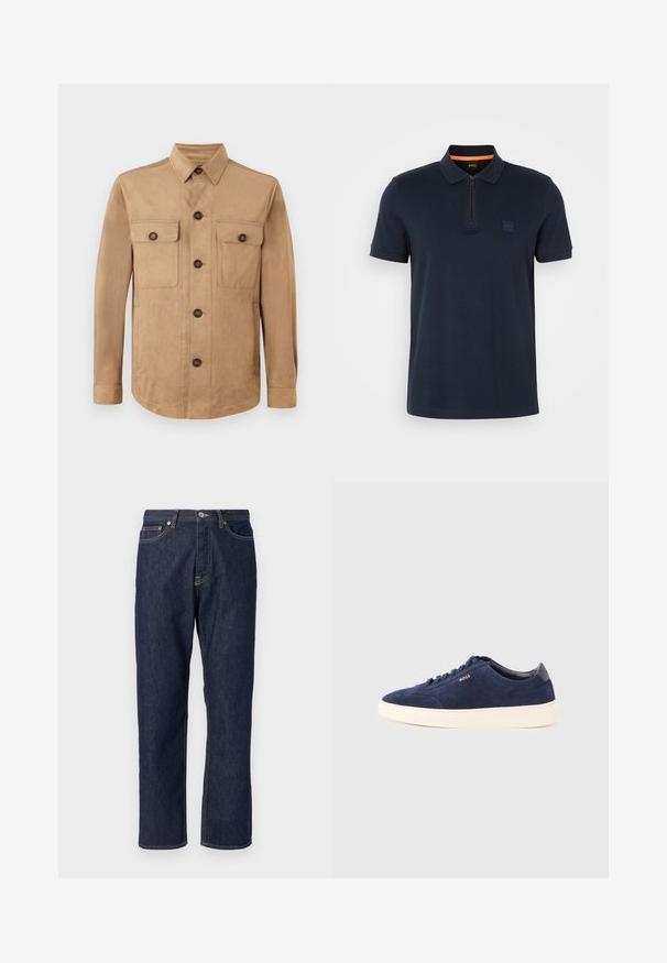 Beige jakke lavet af blødt stof, med knaplukning foran, to klaplommer med knapper og lange ærmer med knapmanchetter.; Marineblå polo shirt med lynlås-colar, indeholdende et lille logo-patch på brystet og korte ærmer. Materialet er en bomuldsblanding med en glat tekstur.; Mørkeblå denim jeans med lige ben-design. Har knappelukning og lynlås, fem lommer og kontraststikningsdetaljer.; Marineblå ruskindssneaker med hvid gummisål, rundet tå, tonale snørebånd og præget logo på siden. Lavprofildesign med blød tekstur.