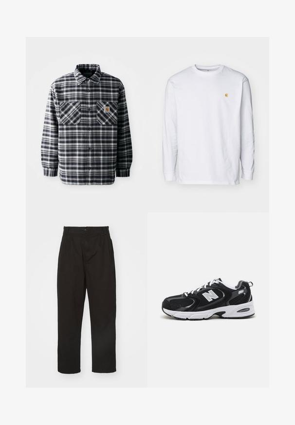 Chemise en flanelle à carreaux noir et blanc avec manches longues, deux poches avant et un écusson carré sur la poche droite. Fermeture à boutons.; T-shirt à manches longues blanc en coton. Présente un petit logo doré sur la poitrine et un col rond. Design simple et coupe standard.; Pantalons noirs en tissu lisse, dotés d'une fermeture à bouton, d'une coupe droite et de deux plis à l'avant pour un détail supplémentaire.; Baskets de sport noires et grises avec un tige en mesh et en suède, présentant une semelle intermédiaire blanche, des lacets et un logo "N" audacieux sur le côté.