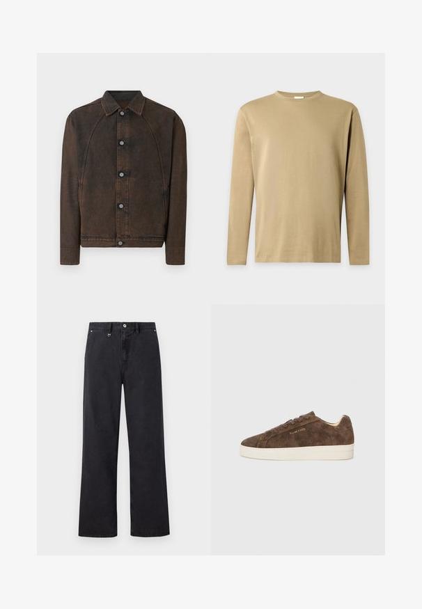 Veste en jean marron foncé avec fermeture à boutons, manches longues et col pointu, présentée sur un fond clair uni.; T-shirt beige à manches longues avec col rond, au design simple et uni sur un fond gris clair.; Pantalon noir droit avec passants de ceinture, fermeture avant par bouton et zip, et poches latérales sur fond uni.; Baskets en daim marron avec une silhouette basse, un bout arrondi et une semelle en caoutchouc blanc. Elles présentent des lacets foncés et un logo discret sur le côté.