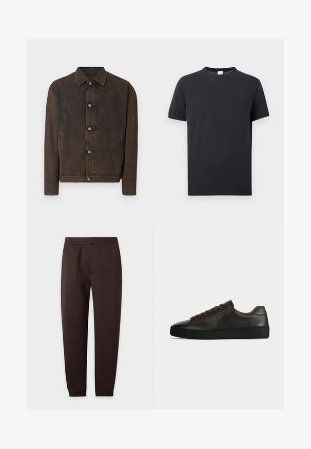 Veste en jean marron foncé avec fermeture à boutons, manches longues et col pointu, présentée sur un fond clair uni.; T-shirt noir uni à manches courtes avec un col rond, étiquette blanche à l'intérieur du col, présenté sur un fond gris clair.; Pantalon de jogging slim marron foncé avec taille élastique et chevilles bordées, détail de couture avant sur fond uni.; Baskets basses en cuir marron foncé avec semelle en caoutchouc noire, lacets à l'avant et design minimaliste épuré sur fond clair.