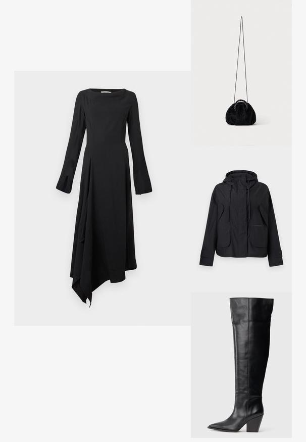 Veste noire à capuche avec poches à rabat à l'avant, cordons de serrage ajustables sur la capuche et bandes auto-agrippantes aux poignets.; Robe noire à manches longues avec un décolleté droit, un ourlet asymétrique et un tissu lisse et fluide. Présente un design minimaliste.; Botte noire en cuir, à bout pointu, avec un talon bloc haut et anglé, et des coutures verticales le long de la tige.; Petit sac à main noir en fausse fourrure avec poignées tressées sur le dessus et longue bandoulière fine sur fond uni.
