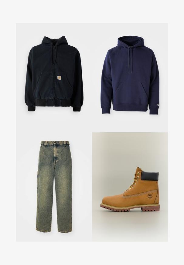 Schwarze Zip-Hoodie mit Fronttaschen, Kordelzugkapuze, gerippten Bündchen und Saum, mit einem kleinen rechteckigen gelben Logo-Patch auf der Tasche.; Navyblauer Pullover-Hoodie aus weichem Stoff. Verfügt über eine Kängurutasche, eine Kapuze mit Zugband und gerippte Bündchen. Mit einem Logo auf dem Ärmel akzentuiert.; Baggy-Jeans aus Denim in einer verblassten Blauen und Grünen Waschung. Mit Knopfverschluss, Gürtelschlaufen und Seitentaschen. Flaches Vorderteil und gerades Bein-Design.; Brauner Leder-Stiefelette mit schwarzem Kragen, gelben Schnürsenkeln und hellbrauner Sohle. Verfügt über ein Logo und weiße Ziernähe. Robuste Profilsohle.