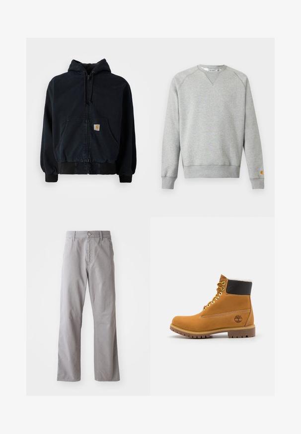 Schwarze Zip-Hoodie mit Fronttaschen, Kordelzugkapuze, gerippten Bündchen und Saum, mit einem kleinen rechteckigen gelben Logo-Patch auf der Tasche.; Hellgraues Sweatshirt mit Rundhalsausschnitt, langen Ärmeln, gerippten Bündchen und Saum sowie kleinem Logo-Patch am linken Ärmelbündchen.; Graue Baumwollhosen mit geradem Bein, ausgestattet mit einem vorderen Knopfverschluss und Gürtelschlaufen. Glatte Textur und minimale Details.; Braune Leder-Ankle-Boots mit Metallösen, weißem Kunstfellfutter, schwarzem gepolstertem Kragen, robustem Sohlenprofil und geprägtem Logo an der Seite.