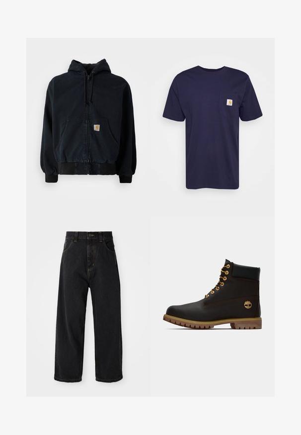 Schwarze Zip-Hoodie mit Fronttaschen, Kordelzugkapuze, gerippten Bündchen und Saum, mit einem kleinen rechteckigen gelben Logo-Patch auf der Tasche.; Navyblaue Baumwoll-T-Shirt mit kurzen Ärmeln, Rundhalsausschnitt und einer linken Brusttasche, die ein gelbes und weißes Carhartt-Logo aufgestickt hat.; Schwarze, weit geschnittene Jeans mit hoher Taille, vorderem Knopf, Reißverschluss und gelben Nähten an Taschen und Nähten.; Schwarze Leder-Ankle-Boots mit goldenen Ösen, braunen Akzenten und einer Gummisohle. Verfügt über einen gepolsterten Schaft und ein geprägtes Logo an der Seite.