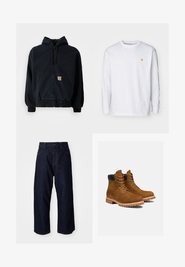 Schwarze Zip-Hoodie mit Fronttaschen, Kordelzugkapuze, gerippten Bündchen und Saum, mit einem kleinen rechteckigen gelben Logo-Patch auf der Tasche.; Weißes Langarm-T-Shirt aus Baumwolle. Mit kleinem goldenem Logo auf der Brust und Rundhalsausschnitt. Einfaches Design und normale Passform.; Dunkelblaue Jeanshose mit lockerer Passform, ausgestattet mit einem Knopfverschluss, Gürtelschlaufen und gelben Nähten an Taschen und Säumen.; Braune Wildleder-Stiefeletten mit einem gepolsterten schwarzen Kragen, goldenen Ösen und einer dicken Gummisohle mit einem Rillenmuster für besseren Grip.