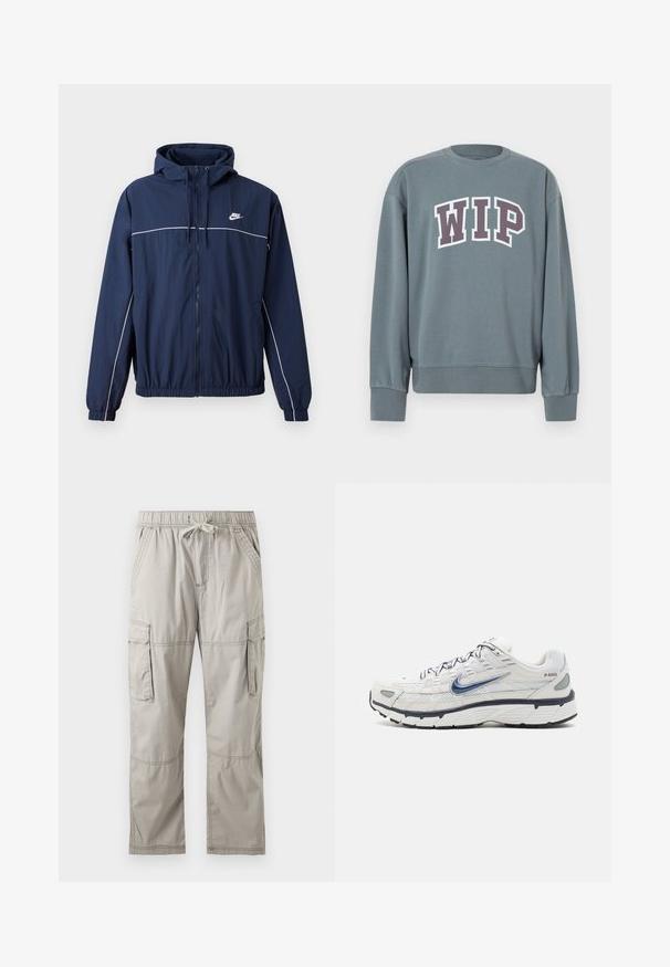 Marineblå hættejakke med hvid accentstripe, lynlåslukning, elastiske manchetter og talje; har et lille Nike-logo på brystet.; Grå sweatshirt med ribstrikkede manchetter og kant. Har "WIP"-logo i hvid med mørkelilla kant. Crew neck-design, lavet af blødt stof.; Lysegrå cargobukser med elastisk talje, snøre, sidelommer og klaplommer på lårene, fladt lagt på hvid baggrund.; Nike Sportswear P 6000 UNISEX - Sneakers - phantom/obsidian/summit white/white/black/metallic silver