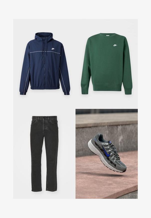 Tummansininen hupullinen takki, jossa on valkoinen korostusraidalla, vetoketju, joustavat hihansuut ja vyötärö; takissa on pieni Nike-logo rinnassa.; Tummanvihreä pyöreäkauluksinen collegepaita pitkähihaisena ja vasemmassa rinnassa pieni valkoinen Nike-logo.; Musta farkkutakki suoran lahkeet muotoilulla, klassinen viisi-tasku tyyli, nappikiinnitys vyötäröllä ja haalistunut viimeistely. Sileä pinta, ei näkyviä kuvioita.; Harmaa ja musta Nike-juoksukenkä sinisellä swoosh-logolla ja valkoisella pohjalla leijuu kiven päällä.