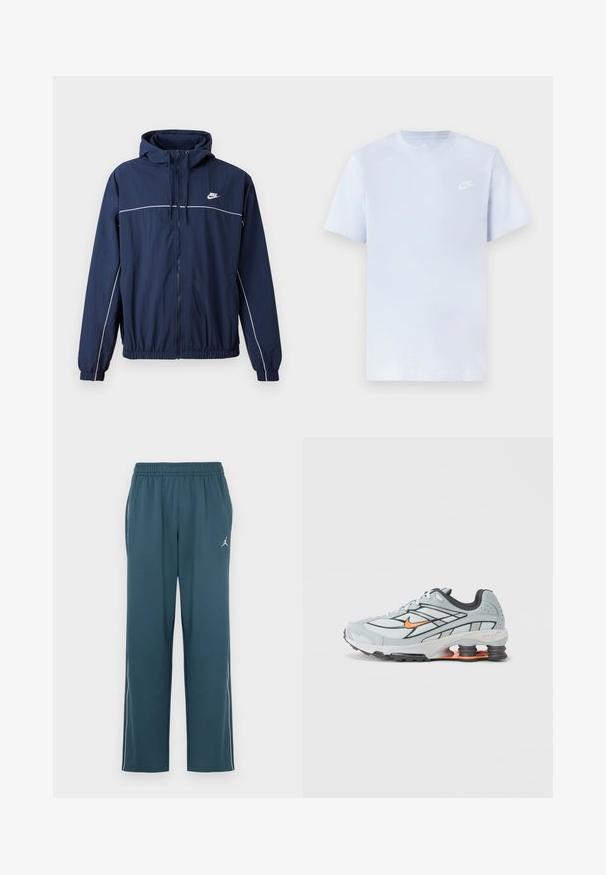 Tumedat sinine kapuutsiga jakk, millel on valge accenttriip, tõmblukuga sulgemine, elastsed varrukaotsad ja vöökoht; rinnal on väike Nike logo.; Hele sinine puuvillane t-särk lühikeste varrukatega, ümar kaelus ja valge Nike logo trükituna vasakul rinnal. Sile tekstuur, lihtne disain.; Tumedatmeres rohekas spordipüksid elastse vöökohaga, kahe küljetasku, valgete küljeribadega ja väikese logoga vasakul reiel.; Helehall jooksujalats mustade aksentide, oranži logoga, võrkkattega pealosa, pehmendatud krae ja kummist tallaga, millel on nähtavad lööke neelavad elemendid.