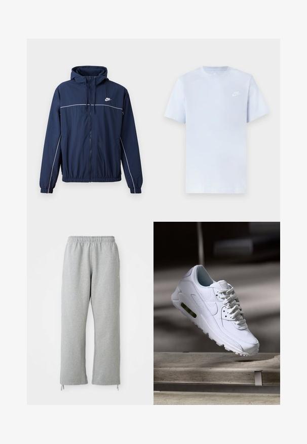 Marineblå hættejakke med hvid accentstripe, lynlåslukning, elastiske manchetter og talje; har et lille Nike-logo på brystet.; Lyseblå bomulds t-shirt med korte ærmer, rund hals og et hvidt Nike-logo trykt på venstre bryst. Glat tekstur, simpelt design.; Grå sweatpants med elastisk talje, lige ben og snoretræk ved kanten. Fremstillet af blødt, struktureret stof.; Hvide lædersneakers med teksturerede overflader, polstret krave og synlig luftpolstring i sålen. Har snørrebånd og et minimalistisk design.