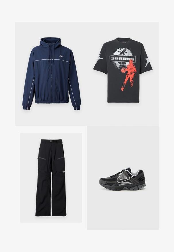 Tummansininen hupullinen takki, jossa on valkoinen korostusraidalla, vetoketju, joustavat hihansuut ja vyötärö; takissa on pieni Nike-logo rinnassa.; Musta puuvillainen t-paita, jossa on suuri valkoinen maapallografiikka, hopeiset tähdet hihoissa ja pikselöity punainen koripalloilijakuva.; Mustat ulkoiluhousut säädettävällä vyöllä, kahdella vetoketjullisella reisitaskulla ja The North Face -logo oikeassa lahkeessa.; Musta urheilukenkä, jossa verkkomaiset paneelit ja synteettisiä yksityiskohtia. Varustettu pyöreällä kärjellä, paksulla pehmustetulla pohjalla ja kontrastivärisillä valkoisilla logotiedoilla.