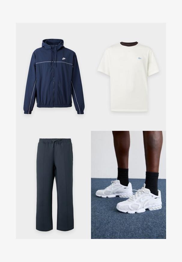 Tumedat sinine kapuutsiga jakk, millel on valge accenttriip, tõmblukuga sulgemine, elastsed varrukaotsad ja vöökoht; rinnal on väike Nike logo.; Valge lühikeste varrukatega t-särk musta ümarate kaelusega ja vasakul rinnal väikese helesinise krokodillilogoga.; Tumesinised spordipüksid, valmistatud pehmest ja venivast materjalist. Omavad nööriga vöökohta, külgõmblusi ja sirge sääre disaini.; Valged spordijalatsid, millel on võrkmaterjalist pealne, tekstuuriga detailid ja pehme tallaga. Koos mustade ribadena sokkidega sinisel vaipkattega pinnal.