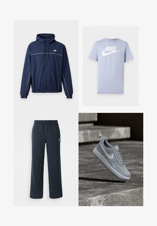 Marineblå hættejakke med hvid accentstripe, lynlåslukning, elastiske manchetter og talje; har et lille Nike-logo på brystet.; Lyseblå kortærmet bomuld T-shirt med hvid Nike-logo og swoosh på brystet, vist på ensfarvet baggrund.; Mørkeblå sweatpants med elastisk talje og snoretræk. Lavet af blødt stof og med et lille hvidt logo på venstre hofte.; Grå Nike Air Force 1 sneaker med hvid Swoosh-logo, svævende over en tekstureret betonoverflade med trapper i baggrunden.