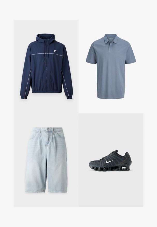 Tumedat sinine kapuutsiga jakk, millel on valge accenttriip, tõmblukuga sulgemine, elastsed varrukaotsad ja vöökoht; rinnal on väike Nike logo.; Helesinine lühikeste varrukatega polosärk krae, kahe nööbi ja väikese tikitud ampersandiga rinnal. Nähtavaid mustreid pole.; Helesinised teksapüksid esiplaanil voltidega, vööaasadega ning külje- ja ees taskutega ühtlasel valgel taustal.; Must Nike jooksujalanõu valge Swooshiga, polsterdatud segmentidega tallaga ja hingava ülapaneelidega hallil taustal.
