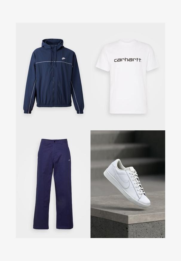 Tummansininen hupullinen takki, jossa on valkoinen korostusraidalla, vetoketju, joustavat hihansuut ja vyötärö; takissa on pieni Nike-logo rinnassa.; Valkoinen puuvillapitkähiha T-paita, jossa on lyhyet hihat ja pyöreä kaula-aukko. Edessä on suuri tummanruskea "carhartt"-logo rinnassa.; Nike Sportswear PANT - Housut - midnight navy/(white); Valkoinen nahkainen lenkkari, jossa on nyöritykset ja Nike swoosh -logo, leijuu betonireunan yläpuolella ulkotilassa.
