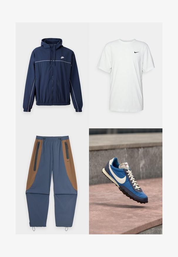 Marineblå hættejakke med hvid accentstripe, lynlåslukning, elastiske manchetter og talje; har et lille Nike-logo på brystet.; Hvid bomulds T-shirt med korte ærmer, rund halsudskæring og et sort Nike-logo på venstre bryst. Glat, let stof.; Marineblå og brune træningsbukser med elastisk talje, lynlåslommer på siden og justerbare snore ved anklerne. Glat tekstur.; Blå og marineblå Nike-sneaker med hvid swoosh og snørebånd, svævende over stenoverflade med grå stenbaggrund.