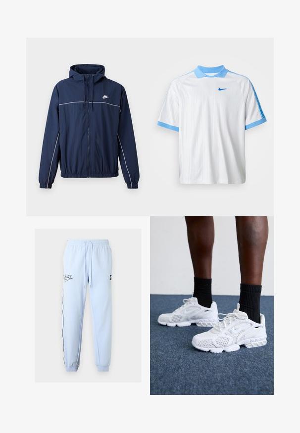 Marineblå hættejakke med hvid accentstripe, lynlåslukning, elastiske manchetter og talje; har et lille Nike-logo på brystet.; Hvid Nike sports T-shirt med lyseblå krave, ærmekanter og skulderstriber, der har et lille blåt Nike swoosh på brystet.; Lyseblå joggingbukser med elastisk talje, snøre, manchetter ved anklerne, sort Nike Air-logo på venstre lår og sort piping langs venstre ben.; Hvide atletik-sko med mesh-overdel, teksturerede accenter og polstret sål. Parret med sorte ribbede ankelstrømper på en blå tæppebelagt overflade.