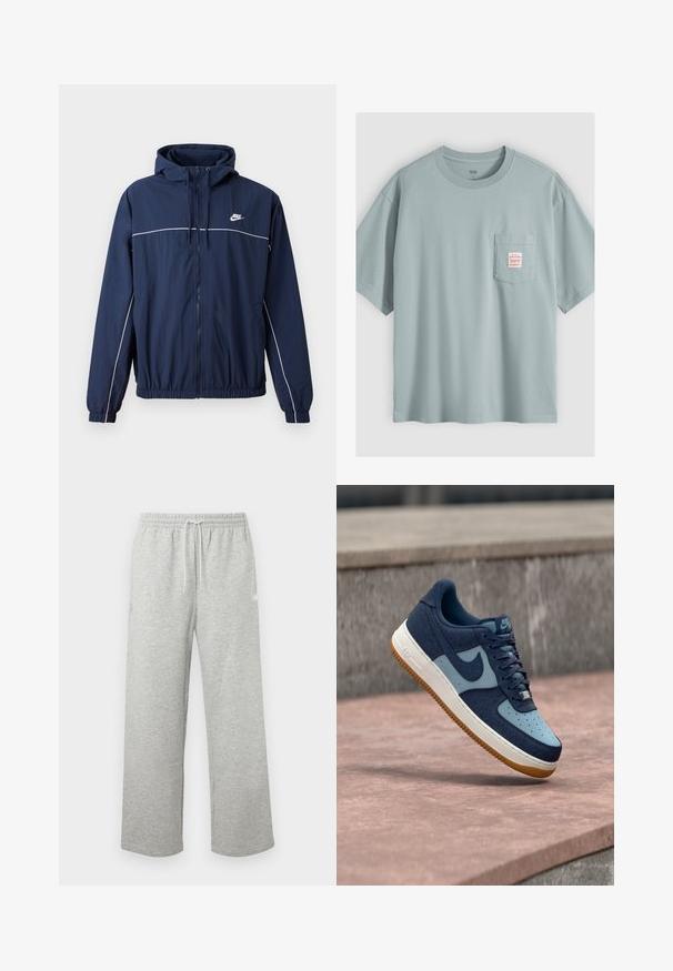 Tumedat sinine kapuutsiga jakk, millel on valge accenttriip, tõmblukuga sulgemine, elastsed varrukaotsad ja vöökoht; rinnal on väike Nike logo.; Hele sinine lühikeste varrukatega puuvillane t-särk rinnataskuga, millel on väike valge silt punase tekstiga.; Helehallid nööriga dressipüksid, millel on elastne vöökoht ja laiade, otste sirgete säärtega, esitletud ühevärvilisel taustal.; Sinine ja tumesinine Nike Air Force 1 toss, millel on helesinised aktsendid ja pruun kummitald, hõljumas õhus kivipinnast üle.
