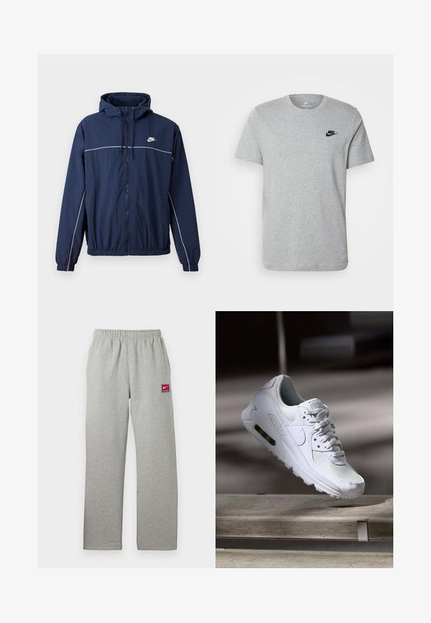 Tummansininen hupullinen takki, jossa on valkoinen korostusraidalla, vetoketju, joustavat hihansuut ja vyötärö; takissa on pieni Nike-logo rinnassa.; Harmaa lyhythihainen T-paita, joka on valmistettu puuvillasta. Paidassa on musta Nike-logo rinnassa ja pyöreä kaula-aukko. Minimalistinen muotoilu ilman kuvioita.; Harmaat collegehousut, joissa on joustava vyötärönauha, suora leikkaus ja pieni punavalkoinen Nike-logo vasemmalla puolella. Pehmeä pinta.; Valkoiset Nike Air Max 90 -lenkkarit, joissa on verkko- ja nahkapinta, rei'itetty kärki ja näkyvä ilmayksikkö kantapäässä.