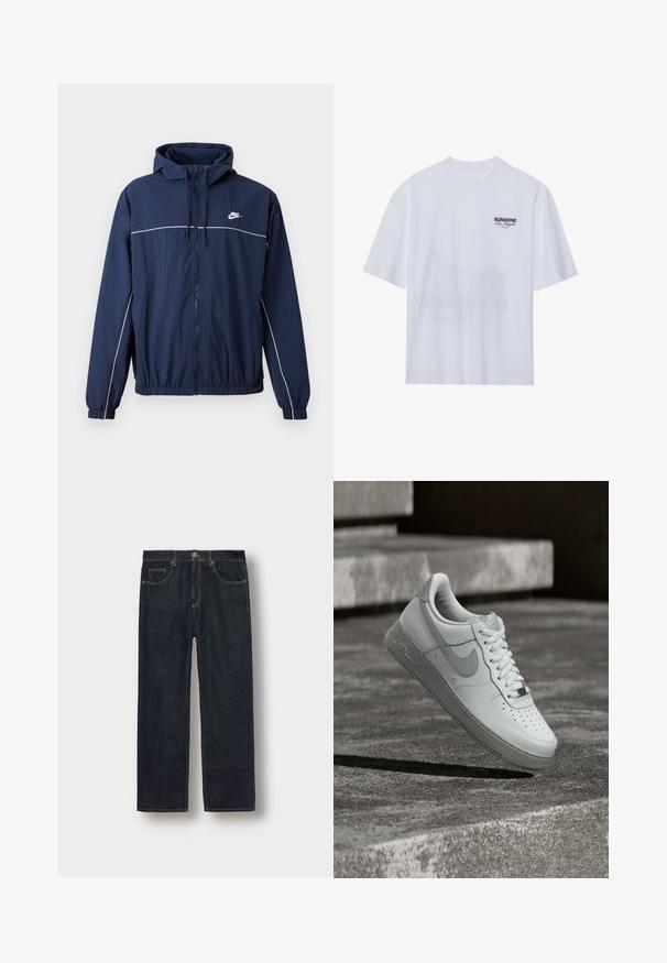 Marineblå hættejakke med hvid accentstripe, lynlåslukning, elastiske manchetter og talje; har et lille Nike-logo på brystet.; Hvid bomulds t-shirt med korte ærmer, der har et sort "SUNSHINE Los Angeles" grafik på venstre brystområde. Rund halsudskæring, afslappet pasform.; Mørkeblå lige ben jeans i denim stof, med bæltestropper, forlommer og kontrastsyte. Minimalistisk design uden udsmykninger.; Hvid Nike Air Force 1 sneaker, der svæver over en tekstureret betongulv med stenetrin i baggrunden.