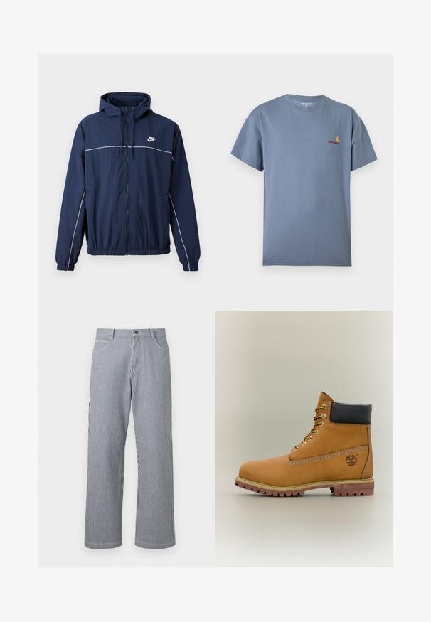 Marineblå hættejakke med hvid accentstripe, lynlåslukning, elastiske manchetter og talje; har et lille Nike-logo på brystet.; Solid skiferblå T-shirt med kortærmer og rund halsudskæring med lille rødt og gult Carhartt-logo på venstre bryst.; Grå og hvide lodrette stribede bukser med lige ben, forlommer og linning med knaplukning.; Brun læderankelstøvle med sort krave, gule snørebånd og tanfarvet sål. Har logo og hvide syninger som detalje. Robust ydersål med greb.