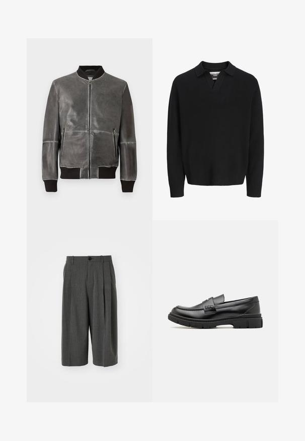 Veste bomber en cuir gris avec fermeture éclair, poignets et col côtelés, et deux poches zippées à l'avant. Texture lisse avec des coutures détaillées.; Pull en tricot noir avec un col en V. Équipé de poignets et d'un ourlet côtelés. Texture lisse, design minimaliste.; Shorts larges à rayures gris avec fermeture à bouton et plissé à l'avant. Fabriqués à partir d'un tissu texturé, présentant un design ajusté.; Mocassin en cuir noir avec une large sangle sur le devant, semelle en caoutchouc à épaisse rainure, et texture lisse. Design classique et élégant.