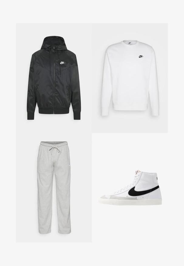 Zwarte nylon bomberjack met capuchon, ritssluiting, elastische manchetten en schouderpanelen. Voorzien van een klein wit Nike-logo op de borst.; Witte sweatshirt van katoen met lange mouwen, ronde halslijn en zwart Nike-logo op de linker borst. Zachte textuur met ribbeen manchetten.; Lichtgrijze sweatpants van zachte stof. Heeft een elastische tailleband met trekkoord en een zwart Nike-logo op de linker bovenbeen.; Witte hoge sneakers met een zwarte swoosh, textuur grijze neus en een vlakke witte zool. Kenmerkt zes veteropeningen en gestikte accenten.