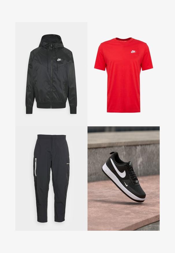 Čierna nylonová bombrová bunda s kapucňou, zipsovým uzáverom, elastickými manžetami a ramennými panelmi. Obsahuje malé biele logo Nike na hrudi.; Červené bavlnené tričko s krátkymi rukávmi a okrúhlym výstrihom, s bielym logom Nike v oblasti ľavého hrudníka. Hladká textúra a ležérny dizajn.; Čierne cargo nohavice z ľahkej tkaniny. Vlastnosti zahŕňajú zipsové postranné vrecká a textúrovaný akcent na stehne. Prispôsobený strih.; Čierno-biely teniska Nike Air Force 1 visiaca nad ružovým betónovým povrchom s pozadím zo sivého kameňa.
