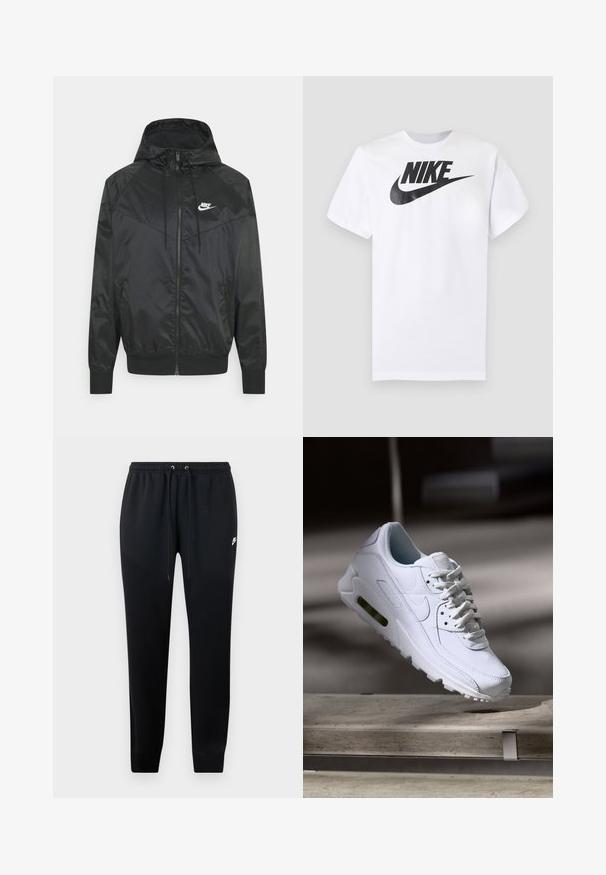 Čierna nylonová bombrová bunda s kapucňou, zipsovým uzáverom, elastickými manžetami a ramennými panelmi. Obsahuje malé biele logo Nike na hrudi.; Biele tričko s krátkym rukávom s čiernym logom Nike a swooshom uprostred na hrudi na jednofarebnom sivom pozadí.; Čierne teplákové nohavice z mäkkej tkaniny, s elastickým pásom na šnúrky, s manžetami na členkoch a malým logom na boku.; Biele kožené tenisky s textúrovanými povrchmi, polstrovaným golierom a viditeľným vzduchovým odpružením v podrážke. Majú šnúrky a minimalistický dizajn.