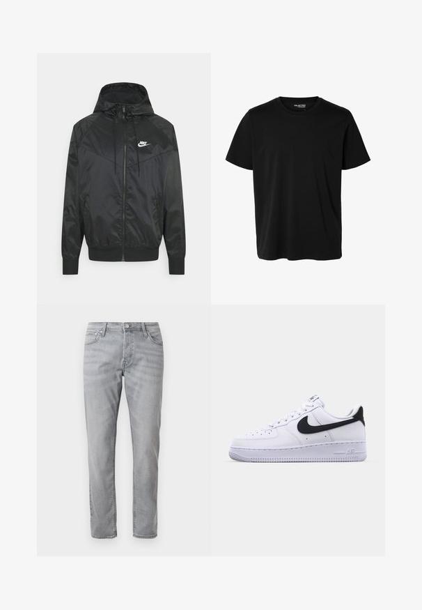 Čierna nylonová bombrová bunda s kapucňou, zipsovým uzáverom, elastickými manžetami a ramennými panelmi. Obsahuje malé biele logo Nike na hrudi.; Jednofarebné čierne tričko s krátkym rukávom a okrúhlym výstrihom pre mužov, bez viditeľných vzorov alebo log na prednej strane.; Svetlošedé rovné džínsy s predným a zadným vreckom, na zips a pútka na opasok, vystavené na bielom pozadí.; Biele kožené tenisky s textúrovaným čiernym Swooshom, plochými šnúrkami a gumovou podrážkou s ryhovaným vzorom. Na päte je embosovaný nápis "AIR".