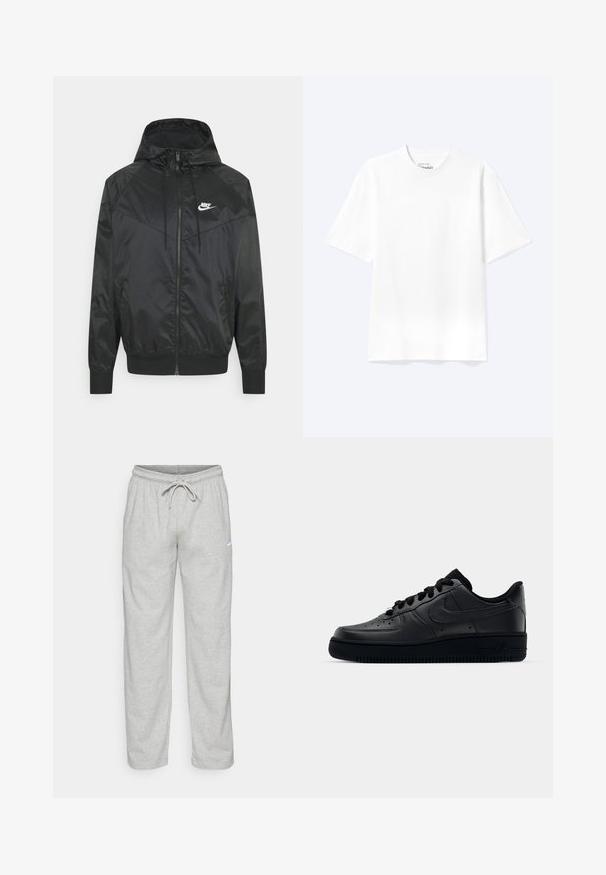 Čierna nylonová bombrová bunda s kapucňou, zipsovým uzáverom, elastickými manžetami a ramennými panelmi. Obsahuje malé biele logo Nike na hrudi.; Jednoduché biele tričko s krátkym rukávom a okrúhlym výstrihom v uvoľnenom strihu, zobrazené na svetlom pozadí.; Svetlošedé teplákové nohavice vyrobené z jemného materiálu. Obsahujú elastický pás na šnurovanie a čierne logo Nike na ľavom stehne.; Čierne tenisky Nike Air Force 1 s hladkým koženým zvrškom, perforovanou špičkou pre priedušnosť, čiernymi šnúrkami a textúrovanou gumovou podrážkou.