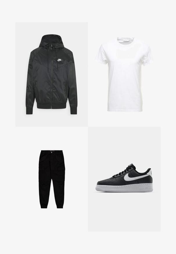 Čierna nylonová bombrová bunda s kapucňou, zipsovým uzáverom, elastickými manžetami a ramennými panelmi. Obsahuje malé biele logo Nike na hrudi.; Biela bavlnená tričko s krátkymi rukávmi, s dizajnom okrúhleho výstrihu a hladkou textúrou. Označenie viditeľné pri výstrihu. Jednoduchý a klasický štýl.; Čierne cargo nohavice z bavlny, s dvoma prednými vreckami a dvoma bočnými cargo vreckami, s elastickými manžetami a pásom.; Čierne kožené tenisky s textúrovaným povrchom, biely Nike swoosh, šedá podrážka, okrúle špičky a šnurovací dizajn. Obsahuje perforácie na špičke.