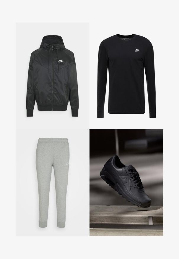 Čierna nylonová bombrová bunda s kapucňou, zipsovým uzáverom, elastickými manžetami a ramennými panelmi. Obsahuje malé biele logo Nike na hrudi.; Čierne tričko s dlhým rukávom vyrobené z bavlny, s okrúhlym výstrihom, rebrovanými manžetami a malým bielym logom Nike na hrudi.; Šedé tepláky z jemnej látky s úzkym strihom, elastickým pásom a malým bielym logom Nike na ľavom stehne.; Čierne tenisky Nike Air Max s textúrovaným koženým zvrškom, gumovou podrážkou a výrazným šnurovacím systémom, ktoré predvádzajú štýlový, moderný dizajn.