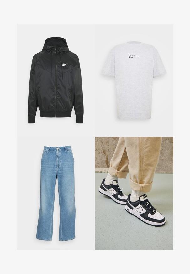 Čierna nylonová bombrová bunda s kapucňou, zipsovým uzáverom, elastickými manžetami a ramennými panelmi. Obsahuje malé biele logo Nike na hrudi.; Šedé tričko s krátkym rukávom vyrobené z bavlny. Má okrúhly výstrih a čierne logo v ručne písanom štýle na prednej strane. Mäkká textúra.; Svetlo modré džínsy s širokými nohavicami vyrobené z denimu. Obsahujú vysoký pás, zapínanie na gombík a štandardný dizajn s piatimi vreckami. Hladká textúra.; Čierno-biele tenisky Nike Air Force 1 s koženým zvrškom, perforovanou špičkou a textúrovanou podrážkou, kombinované s ohrnutými béžovými nohavicami a bielymi ponožkami.