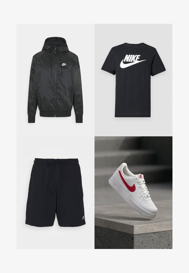 Čierna nylonová bombrová bunda s kapucňou, zipsovým uzáverom, elastickými manžetami a ramennými panelmi. Obsahuje malé biele logo Nike na hrudi.; Čierne tričko s krátkym rukávom s bielym logom Nike a symbolom umiestneným v strede na hrudi, zobrazené na svetlosivom pozadí.; Čierne športové šortky vyrobené z mäkkého materiálu s elastickým pásom, šnúrkou a malým potlačeným logom na dolnej ľavej nohe.; Biely Nike Air Force 1 teniska s červeným logom Swoosh vznášajúca sa nad betónovým lemom a schodmi v pozadí.