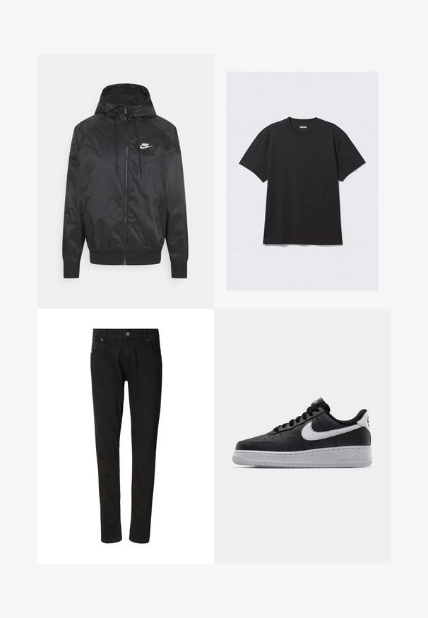 Zwarte nylon bomberjack met capuchon, ritssluiting, elastische manchetten en schouderpanelen. Voorzien van een klein wit Nike-logo op de borst.; Zwarte korte mouwen T-shirt van katoen. Kenmerkt zich door een ronde halslijn en een ontspannen pasvorm. Eenvoudig ontwerp zonder zichtbare patronen of accenten.; Zwarte denim jeans met een slanke pasvorm, voorzien van een sluiting met knoop aan de voorkant, riemlussen en vier zakken. Gladde textuur met minimale stikdetails.; Zwarte lederen sneaker met een textuur oppervlak, witte Nike swoosh, grijze zool, ronde neus en vetersluiting. Bevat perforaties op de neus.
