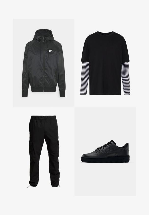 Čierna nylonová bombrová bunda s kapucňou, zipsovým uzáverom, elastickými manžetami a ramennými panelmi. Obsahuje malé biele logo Nike na hrudi.; Čierne tričko s krátkym rukávom, so solidným predným dielom a dlhými pruhovanými rukávmi v čiernej a bielej farbe. Jednoduchý dizajn s okrúhlym výstrihom, voľný strih.; Čierne cargo nohavice z odolného materiálu s elastickým pásom, nastavitelnými šnúrkami a bočnými vreckami s klopami.; Čierne tenisky Nike Air Force 1 s hladkým koženým zvrškom, perforovanou špičkou pre priedušnosť, čiernymi šnúrkami a textúrovanou gumovou podrážkou.