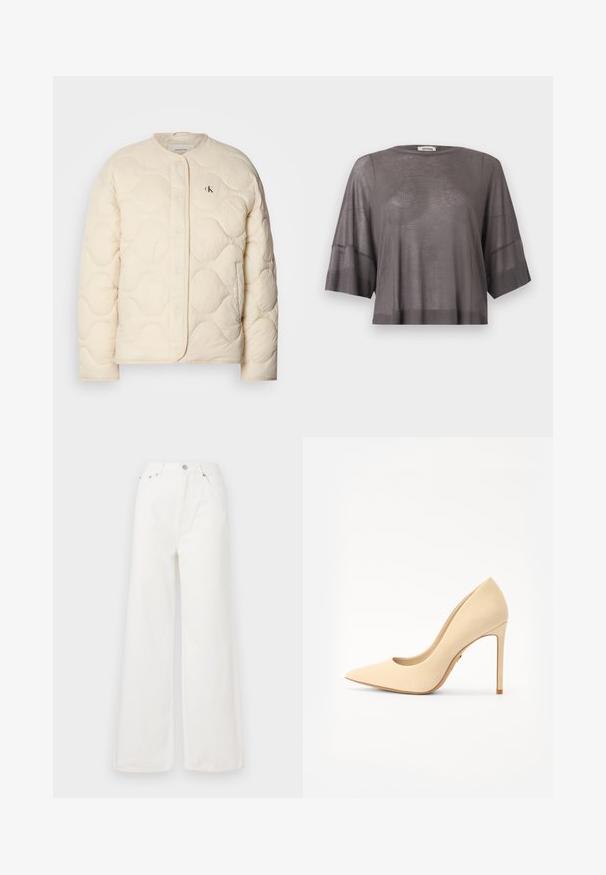 Calvin Klein Jeans INSULATED LINER JACKET - Veste d'hiver - fog; T-shirt en maille grise semi-transparente, coupe ample, manches courtes, poignets et ourlet côtelés, col rond et détail subtil de couture en forme de V.; Jeans large à taille haute blancs en denim. Comprend des poches avant, une fermeture à bouton et des détails d'ourlet effiloché.; Escarpin beige en cuir lisse, avec un bout pointu et un talon aiguille. Design simple avec une silhouette épurée.