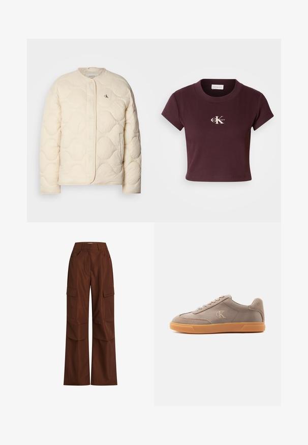 Calvin Klein Jeans INSULATED LINER JACKET - Veste d'hiver - fog; T-shirt cropped bordeaux en tissu côtelé avec des manches courtes. Présente un logo Calvin Klein blanc centré sur la poitrine.; Pantalons cargo bruns avec jambes larges, plusieurs poches latérales, taille haute et en coton robuste avec une texture lisse.; Baskets basses taupe avec éléments en daim beige, semelle en caoutchouc naturel, lacets à l'avant et logo "cK" embossé sur le côté.