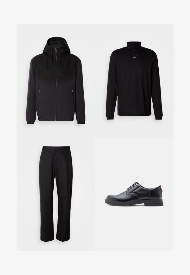 Veste noire zippée avec capuche, présentant un panneau supérieur texturé avec des rayures, des poignets élastiques et deux poches latérales zippées.; T-shirt à col roulé noir à manches longues en tissu lisse, avec un logo "HUGO" blanc sur la poitrine, doté de poignets et d'un ourlet ajustés.; Pantalon noir à coupe droite, en tissu léger. Il dispose d'une fermeture à bouton sur le devant et de deux poches latérales ; texture lisse.; Chaussures en cuir noir à lacets avec une texture lisse, un bout arrondi et des détails de couture discrets. Présentent une languette rouge à l'arrière.