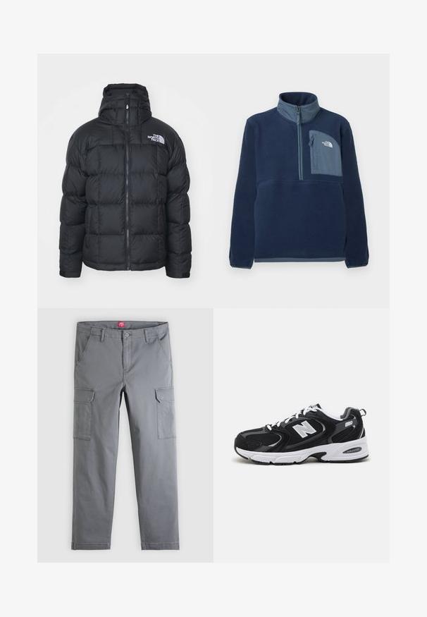 Veste matelassée noire avec fermeture éclair, col montant et design matelassé. Accent logo sur le haut du côté gauche de la poitrine. Texture douce et rembourrée.; Veste en polaire bleu marine avec demi-fermeture éclair, col montant et poche poitrine zippée arborant le logo The North Face sur un panneau bleu clair.; Pantalon cargo gris à jambes droites avec poches à rabat sur les côtés, fermeture avant par boutons et fermeture éclair, et passants pour ceinture à la taille.; Baskets de sport noires et grises avec un tige en mesh et en suède, présentant une semelle intermédiaire blanche, des lacets et un logo "N" audacieux sur le côté.
