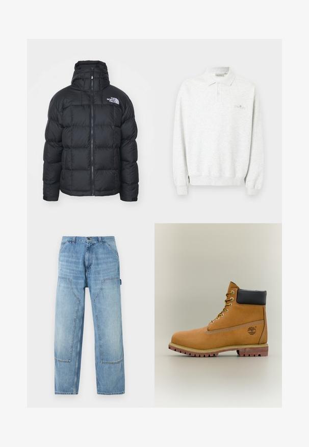 Veste matelassée noire avec fermeture éclair, col montant et design matelassé. Accent logo sur le haut du côté gauche de la poitrine. Texture douce et rembourrée.; Polo blanc à manches longues avec deux boutons et poignets côtelés, arborant un logo brodé subtil sur la poitrine.; Pantalon de charpentier en denim bleu clair avec de grandes poches plaquées à l'avant et une boucle porte-marteau sur le côté droit, coupe droite.; Bottine en cuir marron avec col noir, lacets jaunes et semelle beige. Présente un logo et des détails de couture blanche. Semelle extérieure à traction robuste.