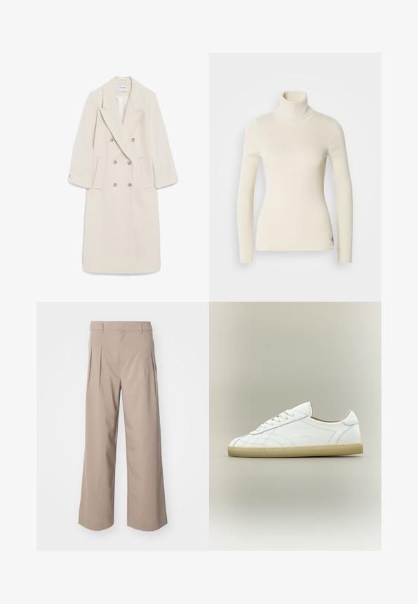 Dobbeltbrystet cremet frakk har et notched revers, sidelommer og knapdetaljer. Lavet af blød stof med en struktureret silhuet.; Cremefarvet turtleneck sweater lavet af ribbet stof. Har lange ærmer, tætsiddende design og et lille logo på kanten. Blød tekstur.; Beige brede bukser med læg, lavet af glat stof. Har en mellemhøj talje og en ren, skræddersyet silhuet.; Hvid lavtop lædersneaker med beige sål, snøredesign og subtile syede mønstre på neutral baggrund.