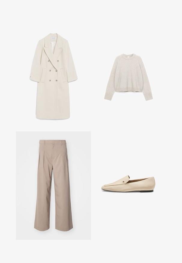 Dobbeltbrystet cremet frakk har et notched revers, sidelommer og knapdetaljer. Lavet af blød stof med en struktureret silhuet.; Lysegrå cropped sweater lavet af blødt strikket materiale med rund halsudskæring, ribstrikkede manchetter og en afslappet pasform.; Beige brede bukser med læg, lavet af glat stof. Har en mellemhøj talje og en ren, skræddersyet silhuet.; Beige læderloafer med spids tå, flad sort sål og lille metallisk logodetalje nær den øverste kant.