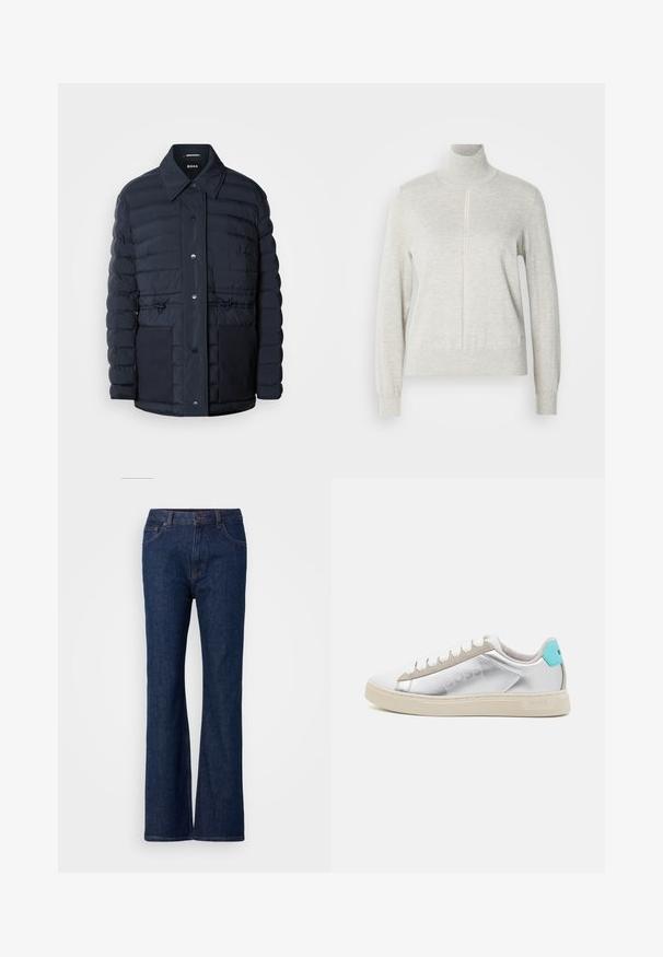 Marineblå pufferjakke med knaplukning, der har krave, to forlommer og en indsnævret taljedesign. Glat tekstur med quiltet mønster.; Lys grå sweater med høj krave og kvart lynlås. Lavet af et blødt, struktureret materiale, der har lange ærmer og en tætsiddende kant.; Sprøde blå denim jeans med høj talje, der har en glat overflade, metalknaplukning og fem-pockets design.; BOSS RHYS TENN PUMT - Sneakers - silver
