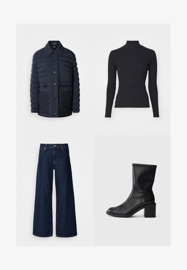 Marineblå pufferjakke med knaplukning, der har krave, to forlommer og en indsnævret taljedesign. Glat tekstur med quiltet mønster.; Sort ribbet turtle-sweater med lange ærmer. Lavet af strækbart stof med en tætsiddende pasform og høj krave. Enkel design uden udsmykninger.; Bredde ben mørkeblå denimbukser med høj talje, frontlommer og knaplukning. Har kontrastsyninger og en glat tekstur.; Sort læder ankelstøvle med rund tå, glat tekstur og en grov hæl, der har et tætsiddende skaft og subtil syning.